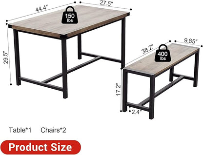 Garvee Dining Table Set for 4, Kitchen Table with Benches, 3 Piece Rectangular Dining Room Set with 2 Wooden Benches for Small Space, Apartment, Studio, Home, Rustic Gray