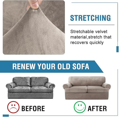 H.VERSAILTEX Sofa Cover 3 Piece T Cushion Sofa Slipcovers Thick Velvet Couch Cover Furniture Protector Stretch T Cushion Sofa Covers for 2 Cushion Couch with 2 T Cushion Covers Washable, Taupe