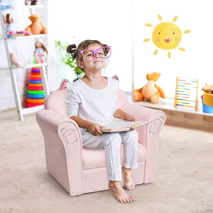 Costzon Kids Couch, Children's Sofa Armrest Chair with Pattern, Toddler Furniture w/Sturdy Wood Construction, Preschool, Lightweight Kids Couch Sofa Chair for Aged 1-5 Boys & Girls Gifts Presents, Cat