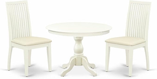 East West Furniture HBIP3-LWH-C 3 Piece Dinette Set for Small Spaces Contains a Round Dining Table with Pedestal and 2 Linen Fabric Upholstered Dining Chairs, 42x42 Inch, Linen White