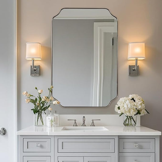 ANDY STAR Chrome Bathroom Mirror, 24x36 Inch Polished Chrome Rectangle Mirror, Scalloped Bathroom Mirror with Stainless Steel Metal Frame, Thin Frame Deep 1’’