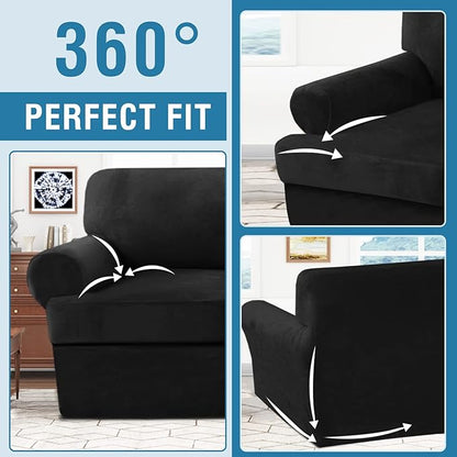 H.VERSAILTEX Sofa Cover 2 Piece T Cushion Armchair Slipcovers Thick Velvet Couch Cover Furniture Protector Stretch T Cushion Sofa Covers for 1 Cushion Couch with 1 Individual T Cushion Covers, Black