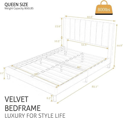 SHA CERLIN Queen Bed Frame/Velvet Upholstered Platform Bed Frame with Headboard/Strong Wood Slats Support/Mattress Foundation/No Box Spring Needed - Dark Blue