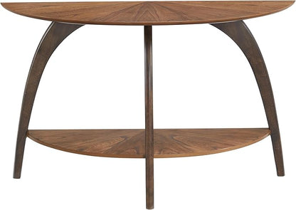 Martin Svensson Home LAX Two-Tone 48-Inch Caramel Brown Half-Moon Wood Sofa Console Table with Walnut Legs and Shelf Storage