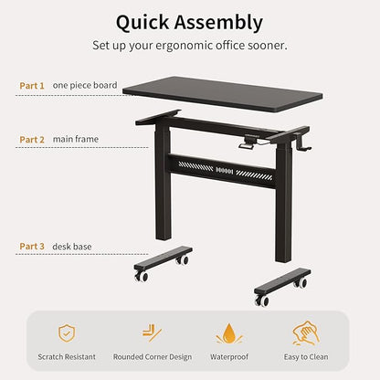 Mobile Walking Pad Desk with Wheels, Pneumatic Small Rolling Standing Desk Riser Height Adjustable (28-43.7") for Treadmill, Portable Computer Table for Home Office, Black