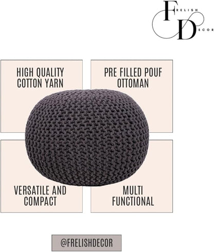 FRELISH DECOR Round Pouf Ottoman Hand Knitted 100% Cotton Pouf Foot Stool - Knitted Bean Bag - Floor Chair for Living Room Bedroom - Foot Rest for Couch (20 Diameter x 14 Height) - Brown
