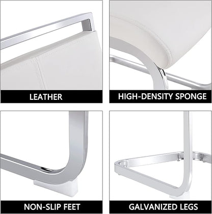 Dining Chairs Set, Kitchen Modern Metal Chairs with Faux Leather Padded Seat High Back and Sturdy Chrome Legs, Chairs for Dining Room (White, Set of 2)