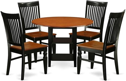 East West Furniture SUWE5-BCH-W 5 Piece Dining Set Includes a Round Dining Room Table with Dropleaf & Shelves and 4 Kitchen Chairs, 42x42 Inch, Black & Cherry