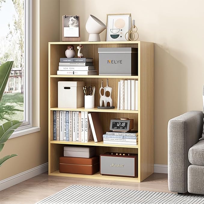 Basic Open Shelf Bookcase - 4-Tier Wooden Cube Storage Shelves Split Bookshelf, Oak
