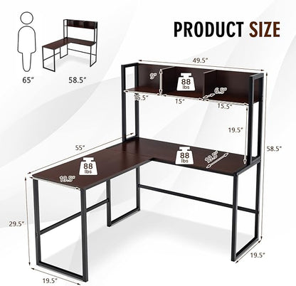 Tangkula Reversible L-Shaped Desk with Hutch, Space Saving Corner Computer Desk with Storage Shelves, Home Office Study Writing Desk Computer Workstation with Storage Bookshelf, Gaming Desk