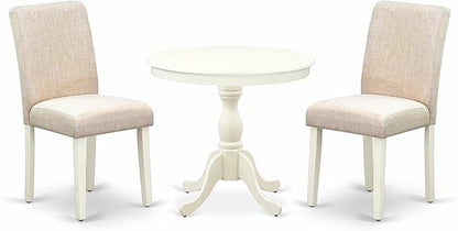 East West Furniture AMAB3-LWH-02 3 Piece Dining Room Furniture Set Contains a Round Dining Table with Pedestal and 2 Light Beige Linen Fabric Upholstered Chairs, 36x36 Inch, Linen White