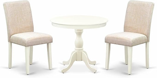 East West Furniture AMAB3-LWH-02 3 Piece Dining Room Furniture Set Contains a Round Dining Table with Pedestal and 2 Light Beige Linen Fabric Upholstered Chairs, 36x36 Inch, Linen White