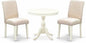 East West Furniture AMAB3-LWH-02 3 Piece Dining Room Furniture Set Contains a Round Dining Table with Pedestal and 2 Light Beige Linen Fabric Upholstered Chairs, 36x36 Inch, Linen White