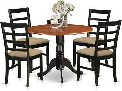 East West Furniture DLPF5-BCH-C 5 Piece Kitchen Table & Chairs Set Includes a Round Dining Room Table with Dropleaf and 4 Linen Fabric Upholstered Chairs, 42x42 Inch, Black & Cherry