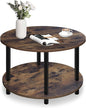 Small Round Coffee Table for Small Space, 23.5" 2-Tier Rustic Brown Wooden Coffee Table with Open Storage for Living Room/Balcony/Office, Metal Legs, Easy to Assemble