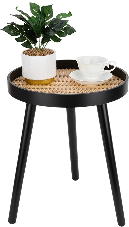 Rattan Round Side Table, Black Small Accent Table, Modern Boho Bedside Mid-Century Patio Side End Tables for Living Room Bedroom Office Balcony