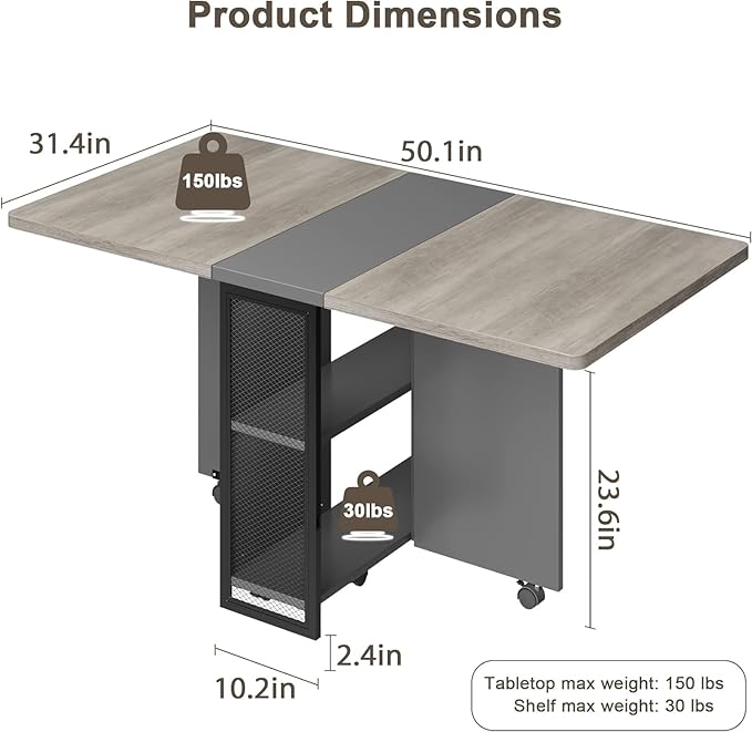 GarveeHome Folding Dining Table, Space Saving Farmhouse Dining Table for 4 Storage Shelf, 6 Wheels Multipose Expandable Kitchen Drop Leaf Table for Small Space (Carlo Grey, 50.1"D x 31.4"W x 29.5"H)