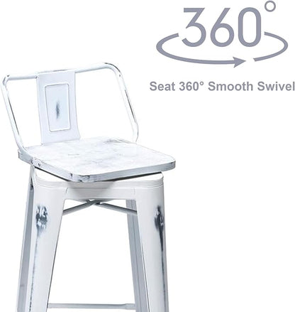26 Inch Swivel Bar Stools Set of 4 with Backs Counter Height Industrial Metal Barstools Island Bar Chairs for Home Kitchen Dining Room (Swivel 26 inch, Distressed White Wooden)