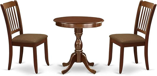 East West Furniture ESDA3-MAH-C 3 Piece Kitchen Table Set for Small Spaces Contains a Round Dining Table with Pedestal and 2 Linen Fabric Dining Room Chairs, 30x30 Inch, Mahogany