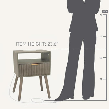 Night Stand with Charging Station, Modern Bedside Table with Drawer and Solid Wood Legs, Fluted Side End Table for Bedroom, Dorm and Small Space (Grey)