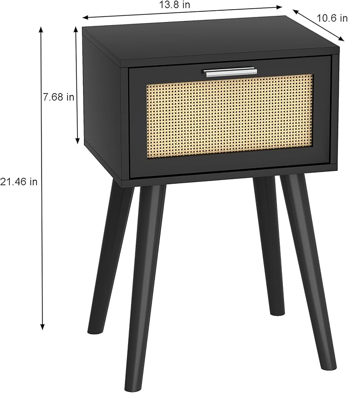 LAATOOREE Nightstand Set of 2, Small End Table with Rattan Door, Bedside Table with Solid Wood Feet, Boho Side Table for Bedroom Living Room Small Space - Black