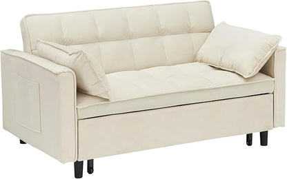 Ball & Cast Convertible Sofa Bed,Loveseat Sleeper Sofa W/Pull-Out Bed&2 Pillows,Convertible Pull Out Couch W/Adjustable Backrest&Side Pocket,Velvet Futon Couches for Living Room,Apartment,Beige,55"