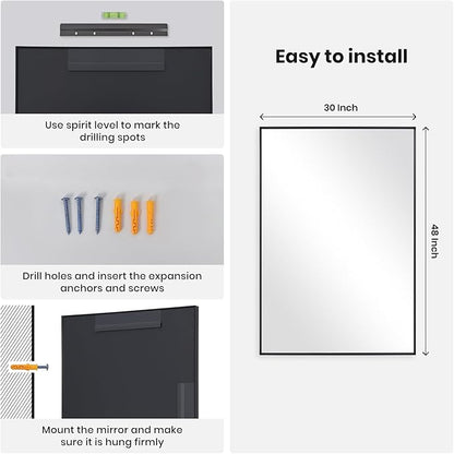 Melodieux Wall Vanity Bathroom Mirror for Over Sink, 30"x48" Rounded Rectangle Metal Deep Frame Wall Mounted Mirror Wall Decor for Living Room Hallway, Black