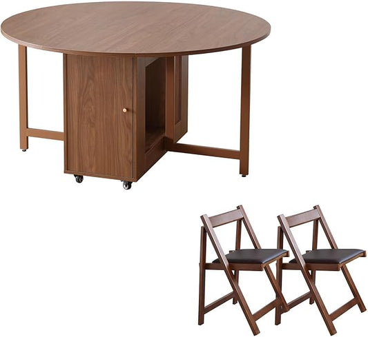 Walnut Round Folding Dining Table with 2 Chairs, Walnut Solid Wood Folding Chair Set of 2, Space Saving Foldable Dining Table with 2 Chairs