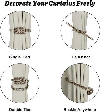 BEL AVENIR Magnetic Curtain Tiebacks, Decorative Drapery Holdbacks Modern Woven Tie-Backs with Exquisite Knot (Flaxen, 6 Pack)