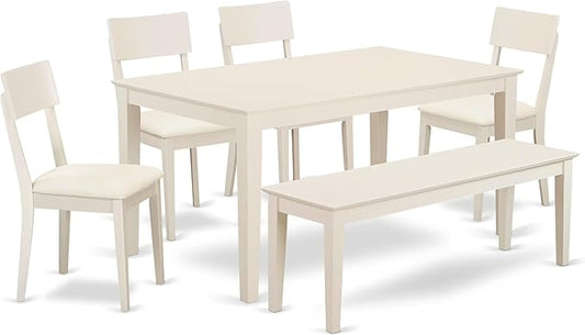 East West Furniture CAAD6-LWH-LC 6 Piece Dining Table Set Contains a Rectangle Dining Room Table and 4 Faux Leather Upholstered Chairs with a Bench, 36x60 Inch, Linen White