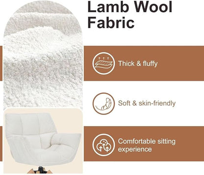 Mid Century Accent Chair, Lambs Wool Vanity Chair Modern Cozy Desk Chair no Wheels with Amrest, Wood Legs for Living Room, Reading Room, Bedroom, White