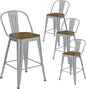 Metal Bar Stools Set of 4, High Back Bar Stools with Wooden Seat, 30 inch Silver Barstools for Kitchen Island