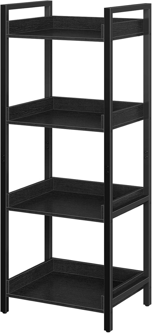 Rolanstar Bookshelf, 4-Tier Storage Rack, Narrow Corner Bookshelf, Display Wooden Shelves for Living Room, Bathroom, Balcony, Kitchen,Black