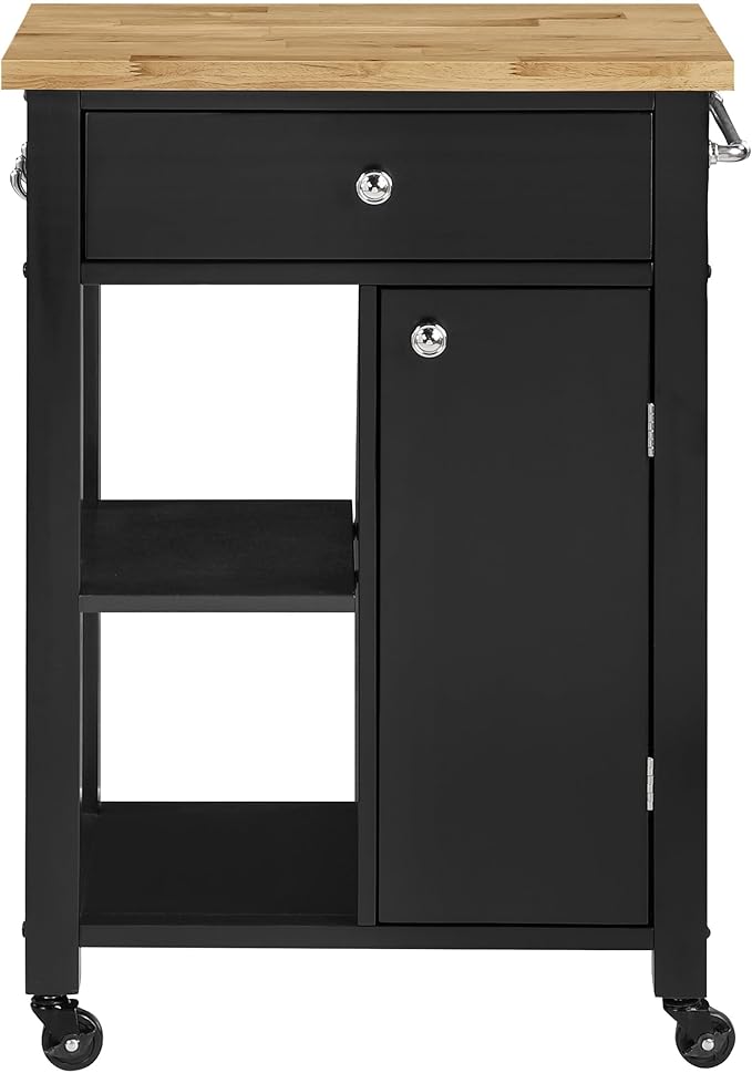 OSP Home Furnishings Derry Modern Farmhouse Kitchen Cart with Natural Butcher Block Top, Rolling Storage Cabinet with Drawer, Shelves, Hooks, Black Finish