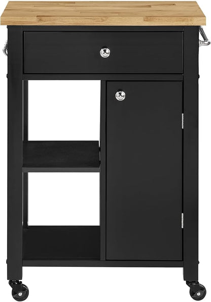 OSP Home Furnishings Derry Modern Farmhouse Kitchen Cart with Natural Butcher Block Top, Rolling Storage Cabinet with Drawer, Shelves, Hooks, Black Finish