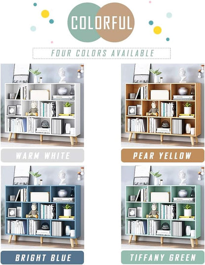 IOTXY Wooden Open Shelf Bookcase - 3-Tier Floor Standing Display Cabinet Rack with Legs, 10 Cubes Bookshelf, Pear Yellow