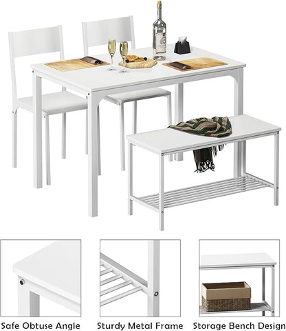 soges 4 Person Dining Table Set,43.3 inch Kitchen Table Set for 4,2 Chairs with Backrest,2-Person Bench with Storage, White Rack,Nesting Furniture Set for Dining Room and Restaurant, White