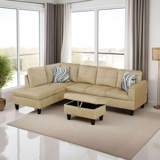 Beige L-Shaped 3-Piece Flannel Sofa with Storage Ottoman Set, Sectional Couch Sofa Set for Living Room, Office, Small Space