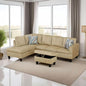 Beige L-Shaped 3-Piece Flannel Sofa with Storage Ottoman Set, Sectional Couch Sofa Set for Living Room, Office, Small Space