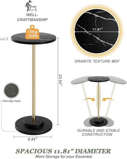 Round Side Table, Small Drink Table for Small Spaces, Modern Accent End Table Coffee Table with Metal Leg for Living Room, Bedroom, Corners, and Office (Black Marble)