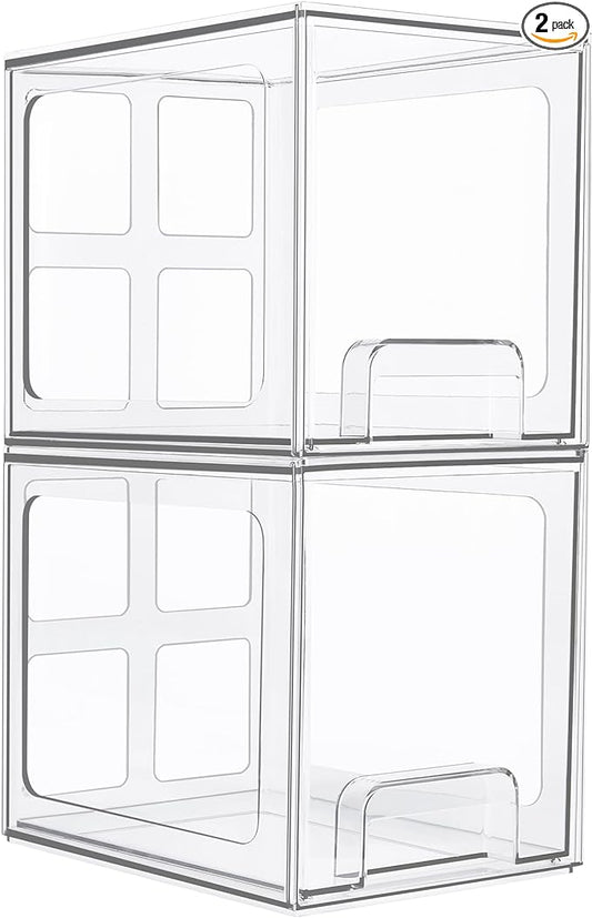 Vtopmart 2 Pack Stackable Storage Drawers, 6.6''Tall Acrylic Bathroom Makeup Organizers,Clear Plastic Storage Bins For Vanity, Undersink, Kitchen Cabinet,Pantry Organization and Storage