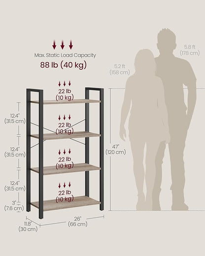 VASAGLE 4-Tier Bookshelf, Bookcase with Steel Frame, Book Shelf for Living Room, Home Office, Study, 11.8 x 26 x 47 Inches, Industrial Style, Heather Greige and Ink Black ULLS060B02