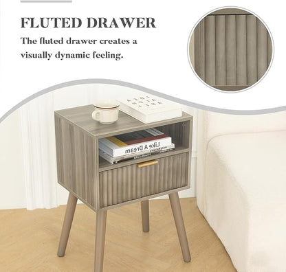 Grey Nightstand, Modern Night Stand Wood, Fluted Bedside Table with Solid Wood Legs for Bedroom, Dorm and Small Space (Grey)