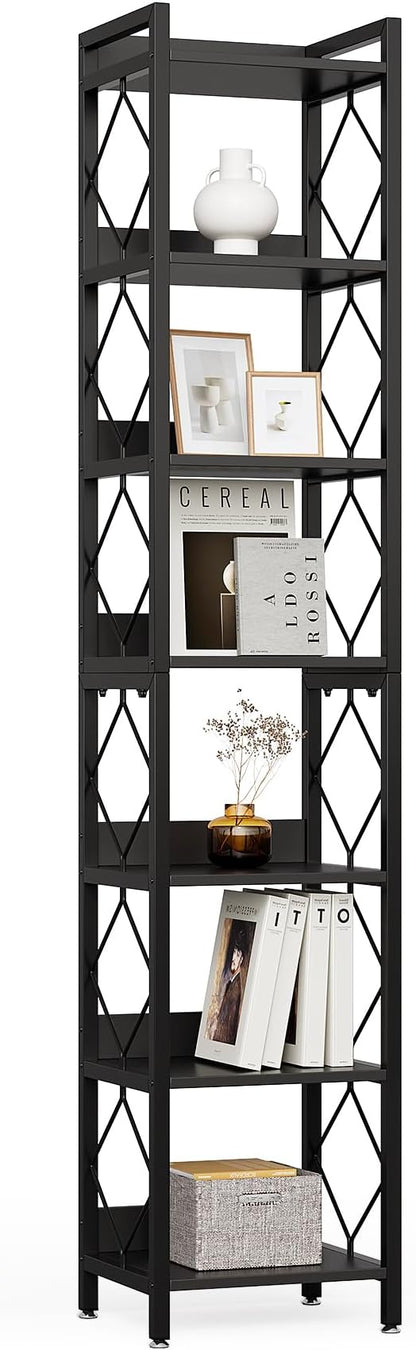 LITTLE TREE Corner Book Shelf, 7-Tier Tall Bookcase, 78" Display Shelves with Sturdy Metal Frame for Living Room, Modern Narrow Standing Bookshelves, Black Office Shelf for Small Spaces, Bedroom