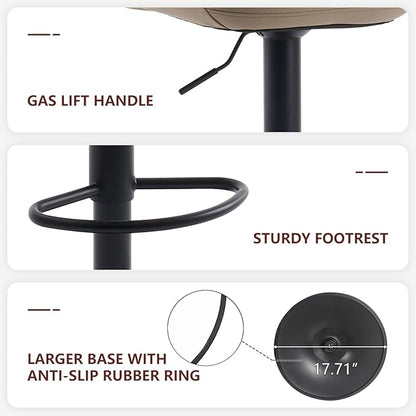 Kidol & Shellder Bar Stools Set of 2 Adjustable Swivel Khaki, PU Leather Upholstered with Back, Modern Counter Height Stools for Kitchen Island, Home Bar