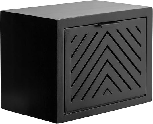Kate and Laurel Mezzeta Modern Floating Shelf Side Table with Storage Cubby; 16 x 10 x 12; Black; Decorative Slatted Wood Floating Nightstand with Pull Down Door for Use as Bathroom Storage