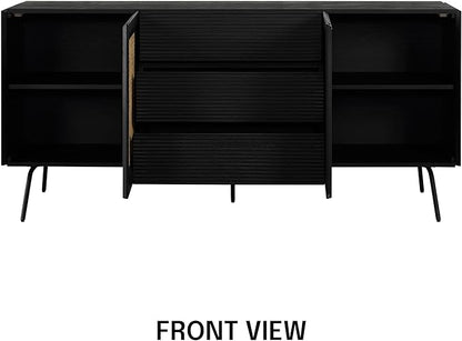 NTC MOSSIC Sideboard with 2 Doors and 3 Drawers, Buffet Cabinet with Natural Rattan and Metal Legs, Modern Storage Cabinet for Living Room, and Hallway, Effortless Assembly - Burnt Black