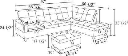 L Shaped Sectional Sofa with Ottoman, Modern Couches for Living Room, Microfiber Facing, Bedroom, Office