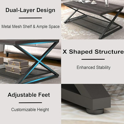 LVB Industrial Grey Coffee Table, 2 Tier Wood Metal Living Room Table, Wooden Rectangle Center Table with Storage, Farmhouse Low Cocktail Tea Table for Home Office Bedroom, Dark Gray Oak, 39 Inch