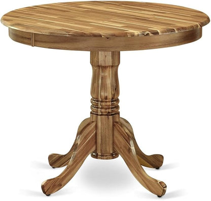 East West Furniture ANFL3-ANA-04 3 Piece Kitchen Table Set Contains a Round Dining Room Table with Pedestal and 2 Light Tan Linen Fabric Upholstered Chairs, 36x36 Inch, Natural